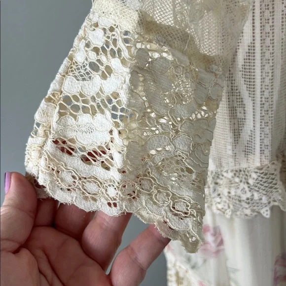 LoveShackFancy Ibis Beaded Ruffle V Plunge Lace Overlay Dress in Magnolia Tea - Picture 4 of 16